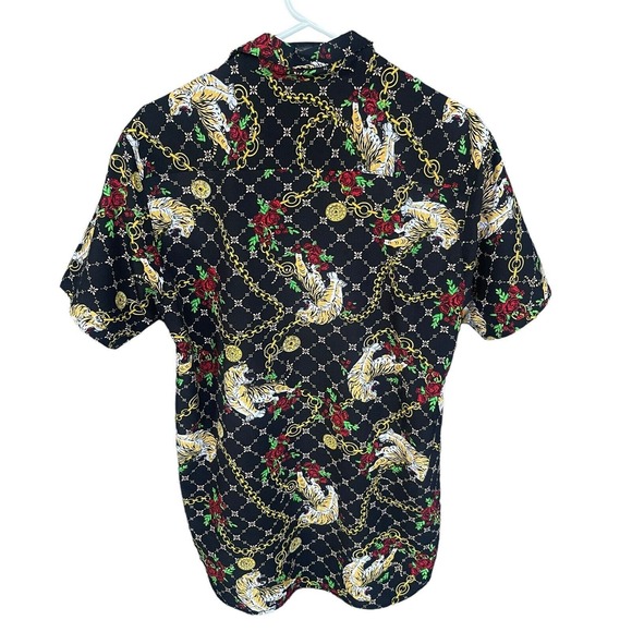 Drill Clothing Shirt Mens Medium Black Button Up Chain Print Tiger Roses Stretch - Picture 2 of 10